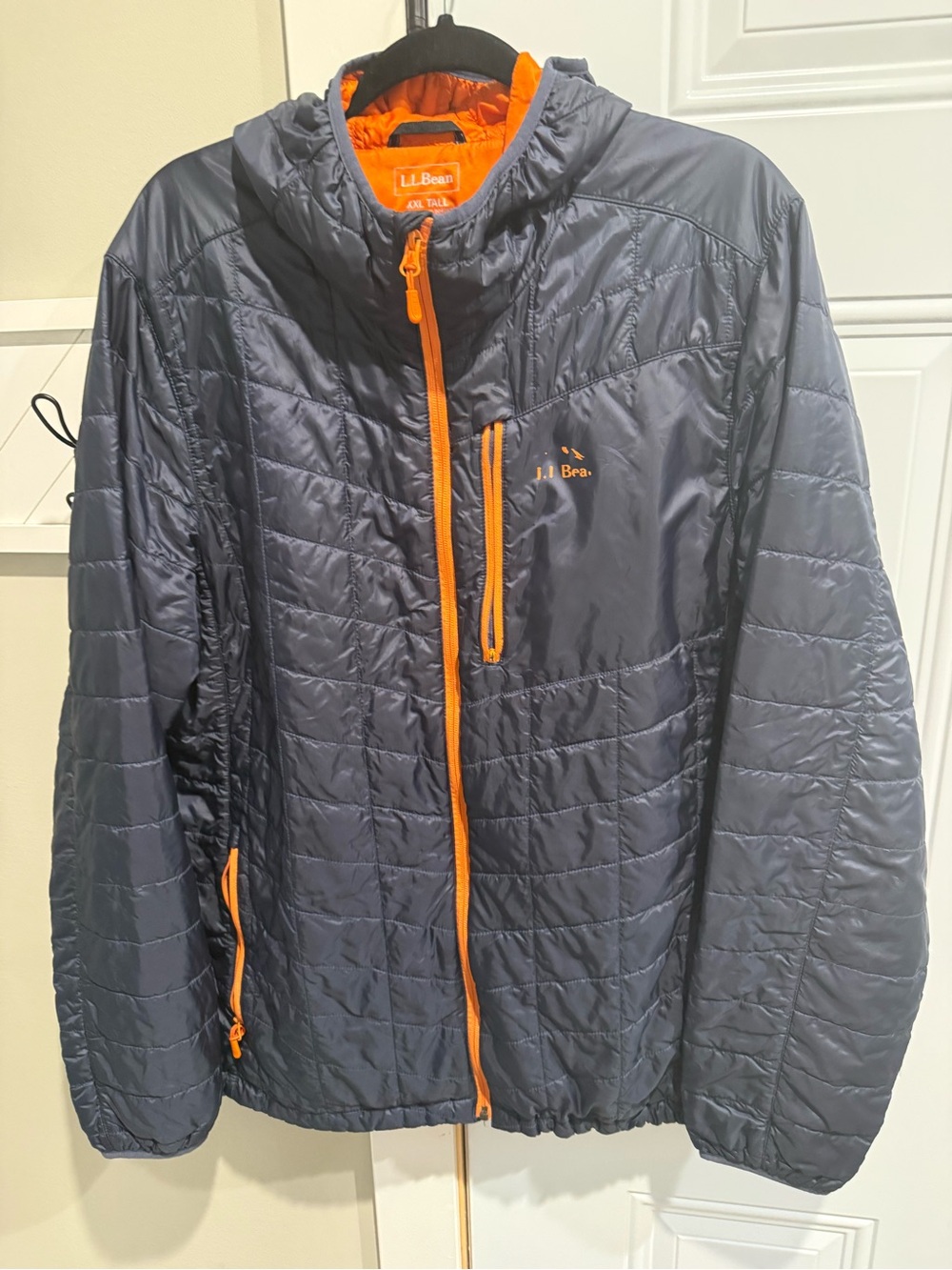 L.L. Bean Navy Quilted Puffer Jacket with Orange Trim